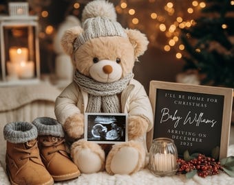 Weihnachtsschwangerschaftsmitteilung Bearbeitbare digitale Vorlage Dezember Schwangerschaft Geschlechtsneutral Ich werde für Weihnachten zu Hause sein Social Media Reveal