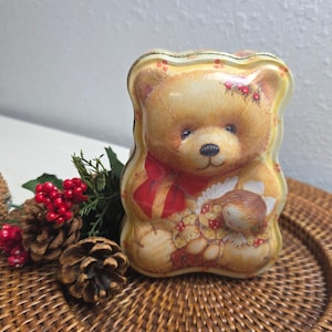Vintage Christmas Teddy Bear Shaped Tin Box Patchwork Quilt Print With Angel