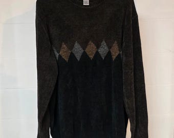 Vintage Geoffrey Beene Mens Large Chenille Argyle Sweater Brown Grey Crewneck