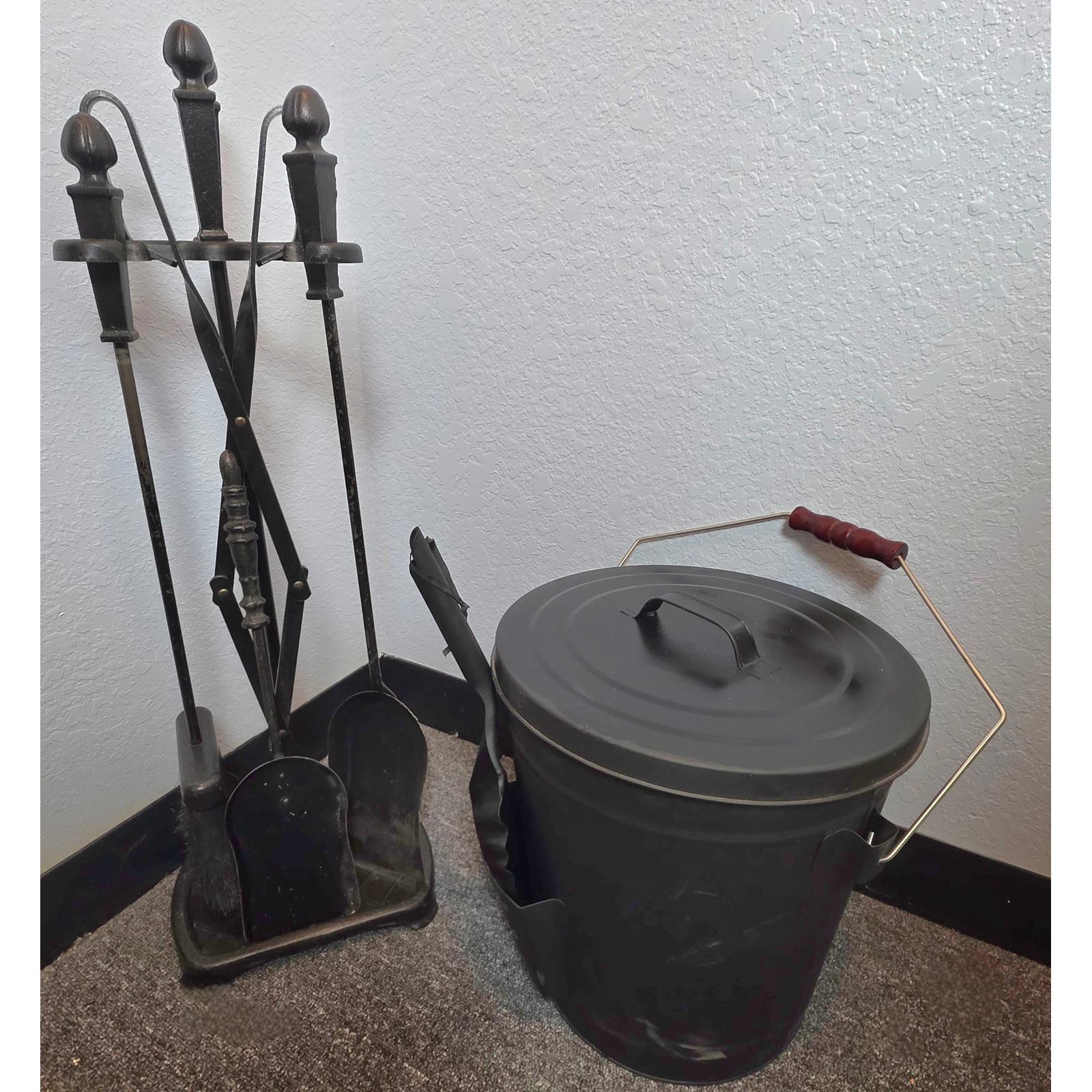 Vintage Black Wrought Iron Fireplace 5 Tool Set w/Holder & Ash Bucket with Scoop