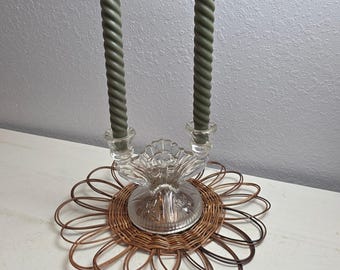 Jeannette Glass Co Depression Glass Double Candlestick Holder Iris & Herringbone