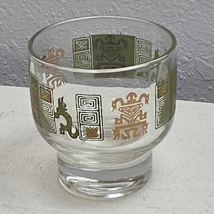 Vintage MCM Federal Glass Andes Pattern Footed Rocks Glass Green Gold Set of 6
