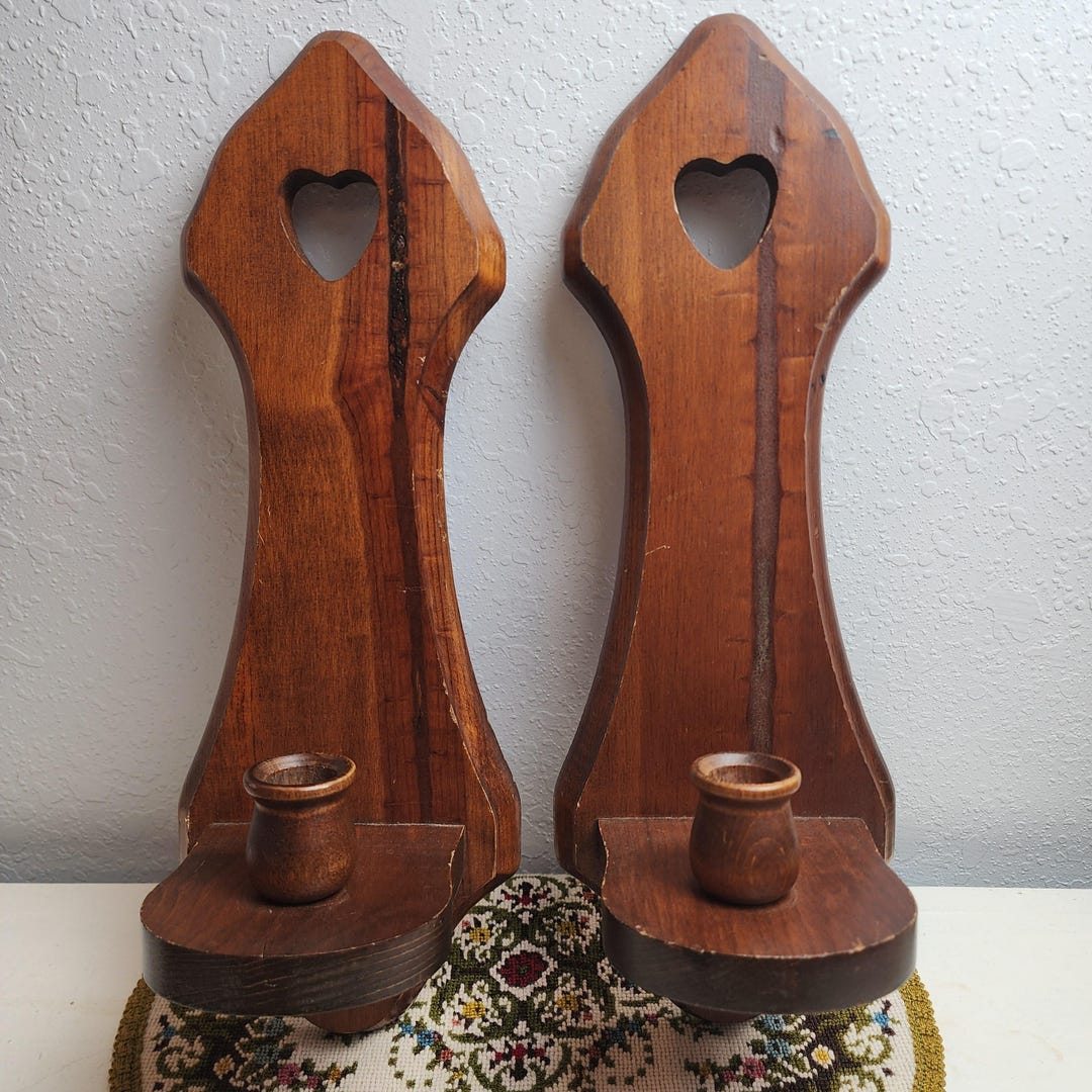 Vintage Set of Wood Candlestick Holders, Heart Cutout, Set of Two ...