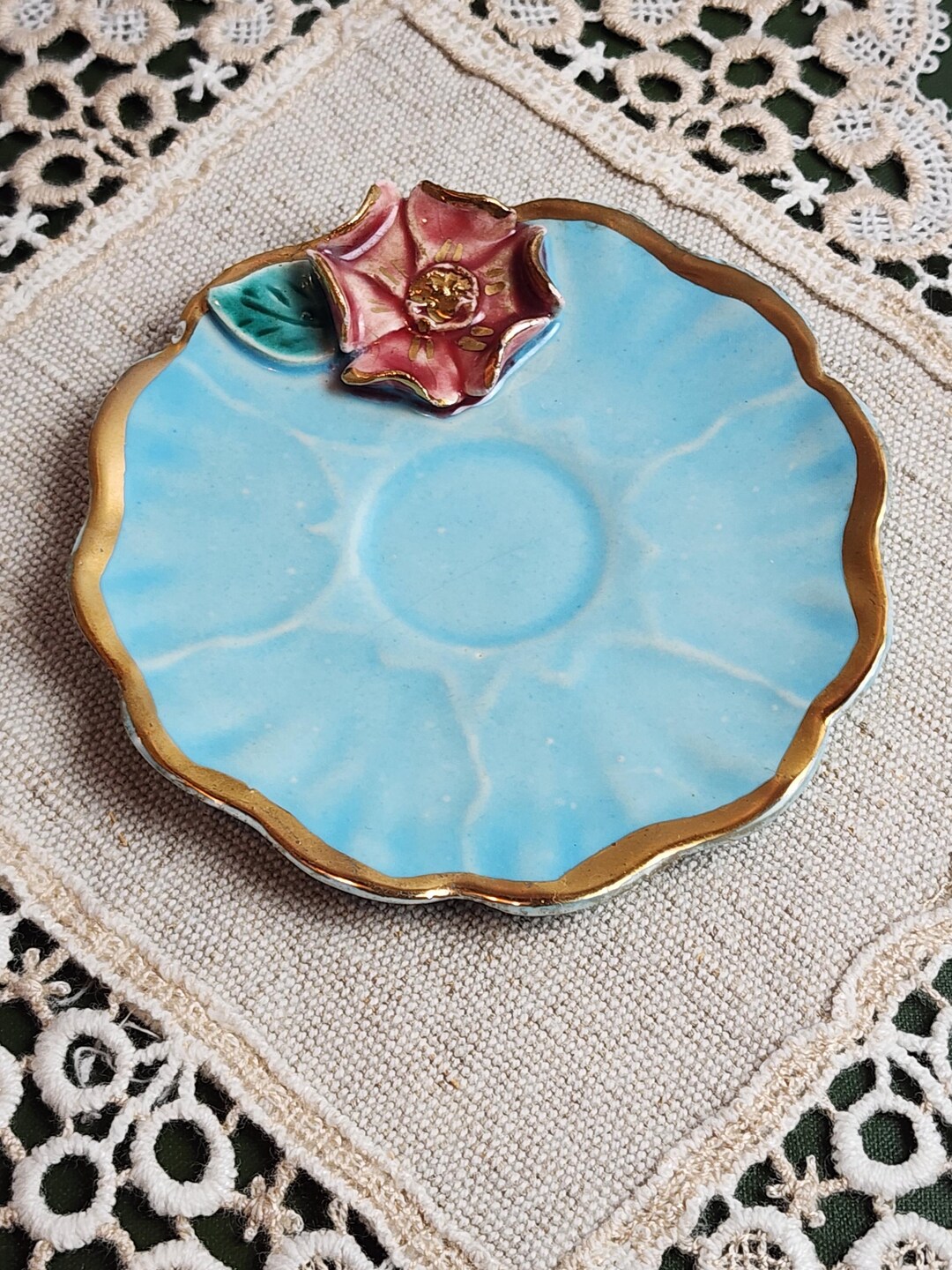 Vintage Porcelain Gold Rimmed Rose Trinket Plate - Etsy