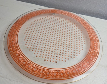 Vintage 70s GDR Glass Cake Plate Orange Patterned Border MCM