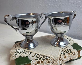 Vintage Silver Plated Etched Footed Creamer and Sugar Bowl Set Ornate Handles