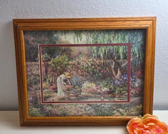 Barbara Mock "Her Garden" Signed Garden Art Print Framed Oak Wood Flowers