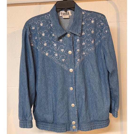 Vintage Teddi Petite Blue Denim Western Embroidered Button Jacket Women PL