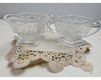 Vintage Indiana Glass Pineapple & Floral Creamer and Sugar Bowl Set Diamond Base
