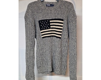 Vintage 1989 Polo Ralph Lauren Iconic Flag Sweater Grey Knit Crewneck Large