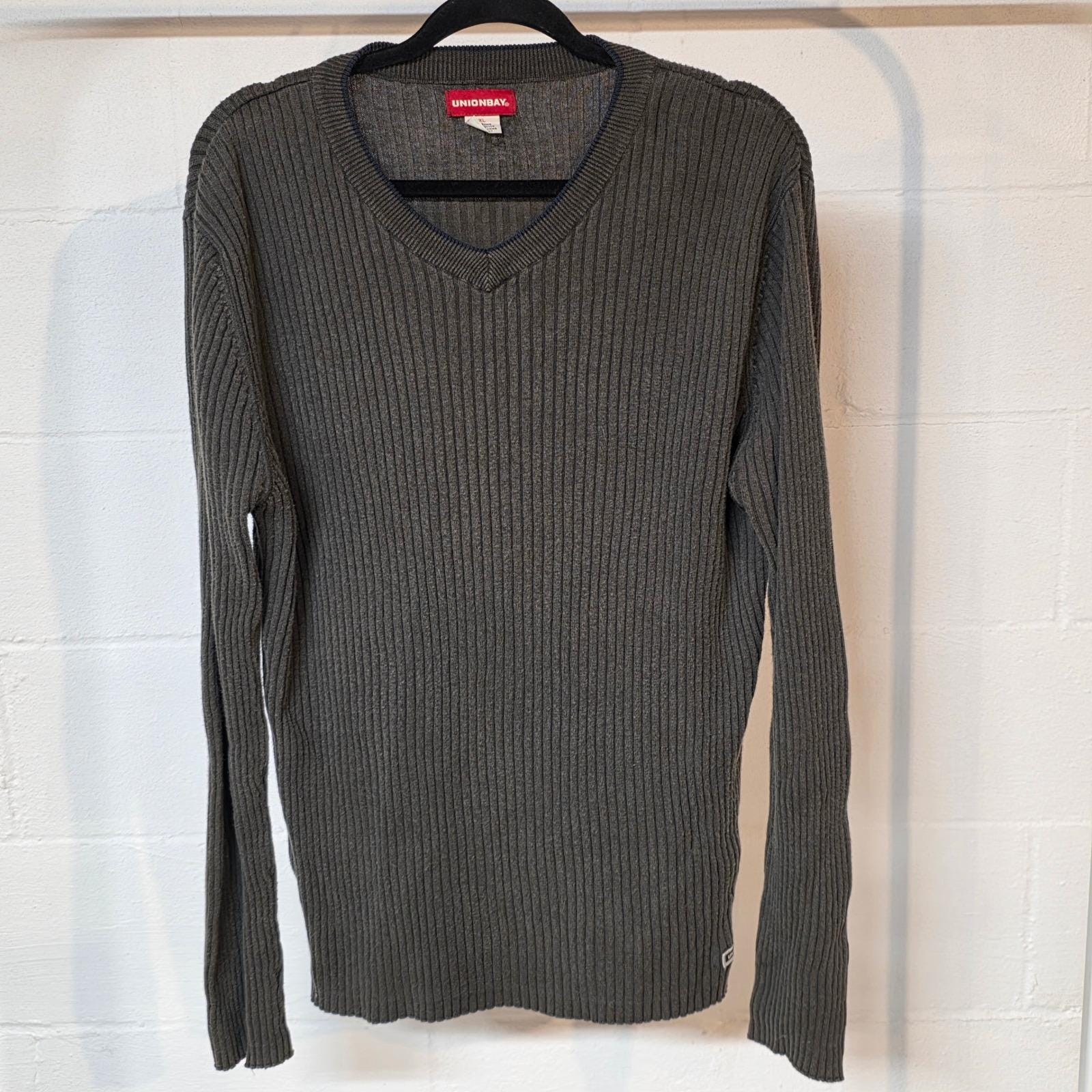 Vintage Y2K UNIONBAY Mens XL Ribbed V Neck Long Sleeve Sweater