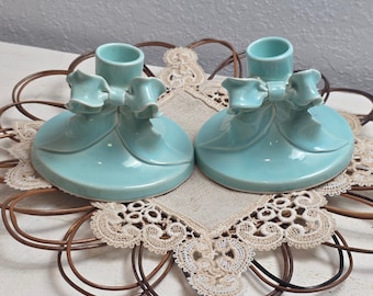 Vintage Aqua Blue Ceramic Bow Taper Candle Holders Pair Coquette Decor