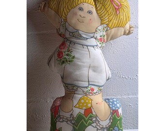 Vintage 80s Cabbage Patch Kids Fabric Pillow Doll Blonde Girl Mushroom Garden