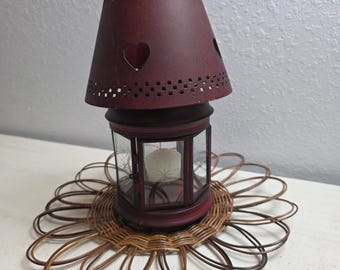 Rustic Burgundy Red Metal Heart Lantern Etched Glass Tea Light Holder