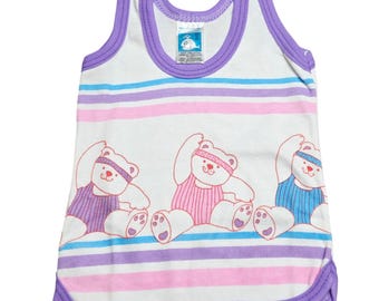 Vintage 70s Woolworth Baby Tank Top 12 Month White Purple Stripe Exercise Bears