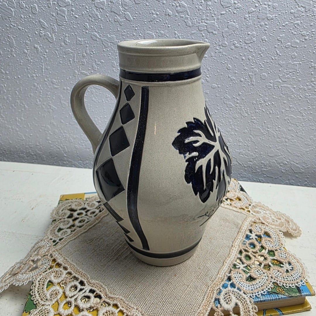 Vintage Stoneware Pottery Pitcher Creamer Grapevine Checkered Blue Folk ...