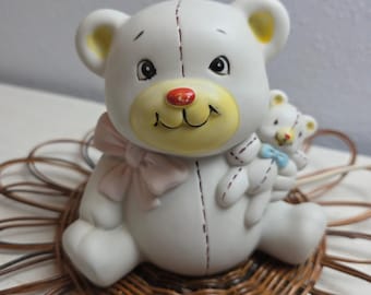 Vintage Ceramic Teddy Bear Nursery Lamp White with Pink Bow Night Light