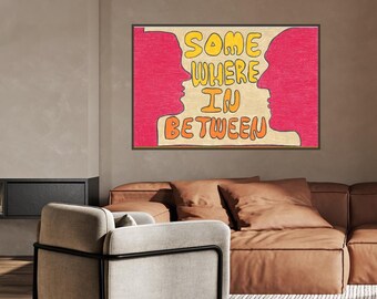 Impression quelque part entre les deux, art mural émotionnel, art abstrait des visages, oeuvre d'art rouge rose, citation introspective art, décoration moderne