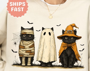 Funny Halloween Black Cat Crewneck Sweatshirt Spooky Season Halloween Sweatshirt Vintage Halloween Gift for Her Halloween Party Sweatshirt