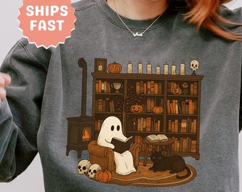 Sweat lecture fantôme d'Halloween cadeau pour amoureux des livres, couleurs confort, col rond, sweat automne, livresques, saison douillette, saison fantasmagorique