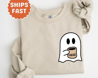 Halloween Ghost Coffee Sweatshirt Comfort Colors Spooky Season Cute Coffee Lover Sweatshirt Vintage Halloween Party Cozy Fall Sweatshirt