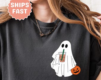 Ghost Coffee Comfort Colors Shirt Halloween Coffee Lovers Cute Halloween Ghost Tshirt Ghost Iced Coffee Graphic Tee Cute Ghost Shirt
