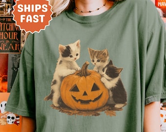 Chemise d'Halloween chat des années 90, chemise chat vintage pour amoureux des chats noirs, saison fantasmagorique chemise d'Halloween rétro chemise d'Halloween citrouille d'Halloween vintage
