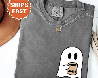 Halloween Ghost Coffee Shirt Comfort Colors Spooky Season Cute Ghost Shirt Coffee Lover Shirt Vintage Halloween Party Shirt Cozy Fall Shirt