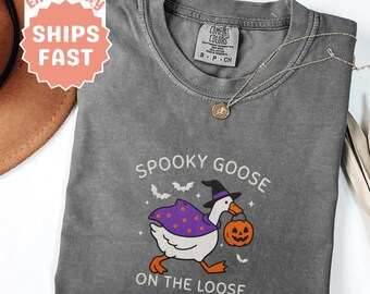 Camisa de ganso de Halloween bordada Camisa de ganso espeluznante Camisa de cuello redondo de colores cómodos Camisa de Halloween Camiseta para amantes de los gansos Camisa de calabaza de bruja Ganso tonto