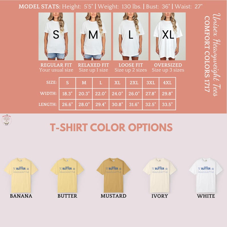 Op de afbeelding: Afbeelding met een maattabel voor unisex zware t-shirts in verschillende kleuren. De tabel bevat afmetingen in inches voor maten S tot 4XL, met opties zoals Banaan, Boter, Mosterd, Ivoor en Wit. De tekst luidt "Comfort Colors 1717."
