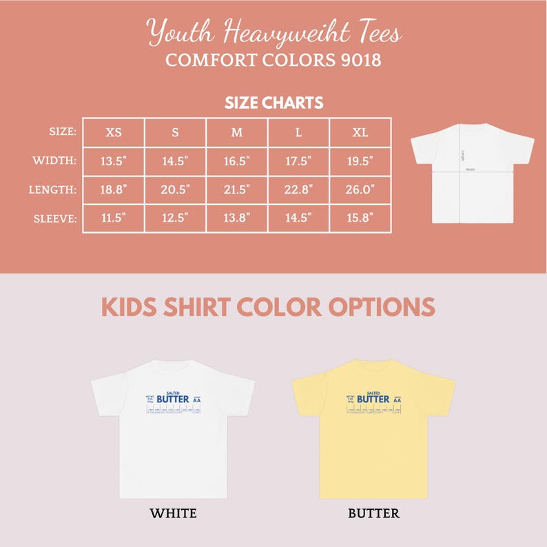 Op de afbeelding: Productafbeelding met jeugd-heavyweight T-shirts met maattabellen en kleuropties. De maattabel toont afmetingen in inches voor breedte, lengte en mouwlengte voor de maten XS tot XL. Kleuropties zijn witte en botergele shirts.