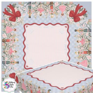 May include: A light blue and white checkered tablecloth with a red scalloped border. The tablecloth features a central rectangular area with pink and white stripes. The design includes illustrations of nutcrackers, ballerinas, and bows.
