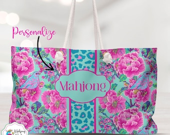 Elegant Mahjong Bag, Personalized Floral Weekender Bag for Tiles, Custom Name Accessories, Mahjong Players Gift, Mah Jongg Tote Bag