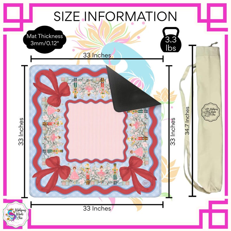 Pu&ograve; includere: Un tappetino quadrato di 83,82 cm per 83,82 cm con uno spessore di 3 mm e un peso di 1,5 kg. Il tappetino presenta un bordo azzurro, linee ondulate rosse, fiocchi rossi e figure di schiaccianoci. Include una borsa da trasporto beige di 88,14 cm.