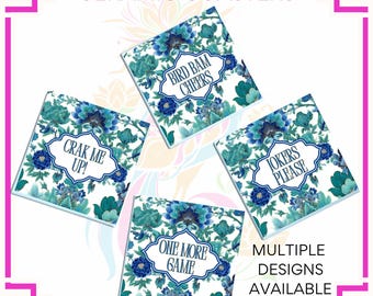 Mahjong Coasters, Blue Boho Coaster Set, Funny Mahjong Accessories, Hostess Gift, Mahjong Gift, Mah jongg, Mahjong Party Ceramic Coasters