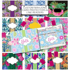 May include: A collection of rectangular mahjong card protectors and line readers featuring diverse floral, dragon, and damask patterns in vibrant colors. One card protector displays the name Beth in pink script, and a sign reads CUSTOM MAHJONG CARD PROTECTORS & LINE READERS.
