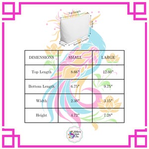 May include: A white rectangular pouch with dimensions labeled. The small size has a top length of 8.66 inches, a bottom length of 6.75 inches, a width of 2.36 inches, and a height of 4.72 inches. The large size has a top length of 12.60 inches, a bottom length of 9.75 inches, a width of 3.15 inches, and a height of 7.28 inches.