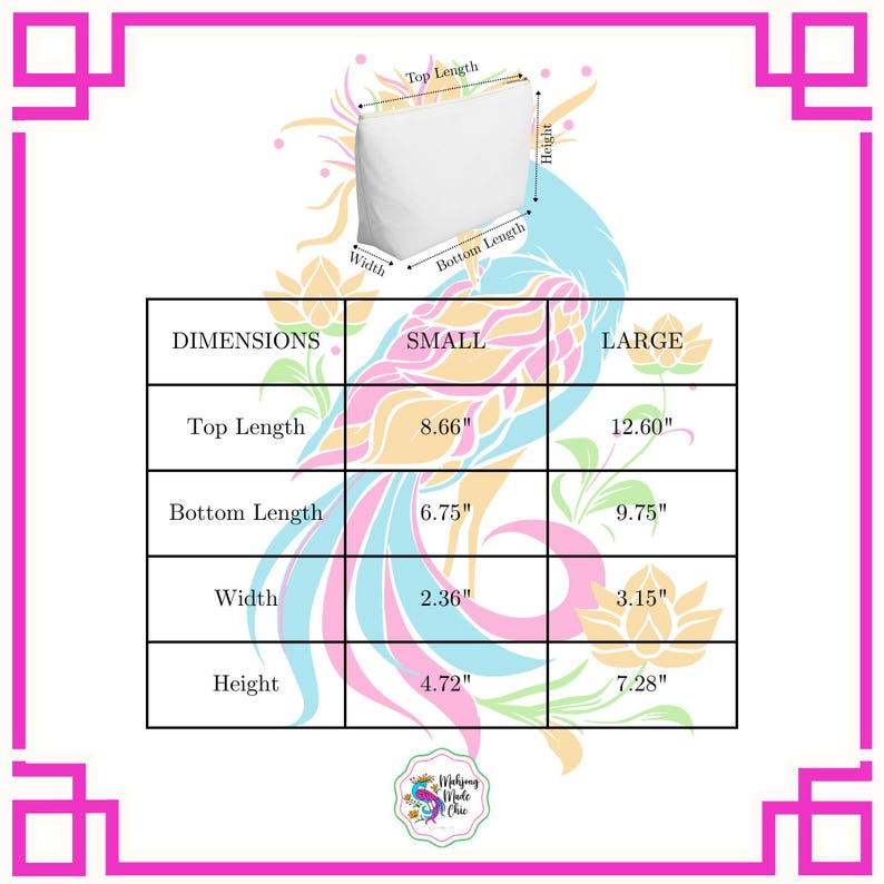 May include: A white rectangular pouch with dimensions labeled. The small size has a top length of 8.66 inches, a bottom length of 6.75 inches, a width of 2.36 inches, and a height of 4.72 inches. The large size has a top length of 12.60 inches, a bottom length of 9.75 inches, a width of 3.15 inches, and a height of 7.28 inches.
