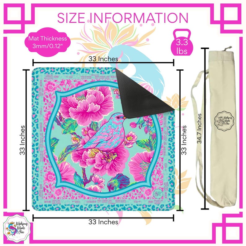 May include: A yoga mat with a floral and bird design. The mat is 33 inches square and 0.12 inches thick. It features a turquoise background with pink flowers and a blue bird. A beige carrying bag is included.