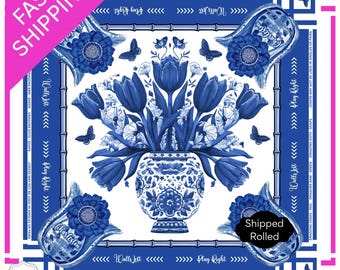 Mahjong Mat with Instructions,  Blue Chinoiserie Mat with Directions, Décor, Mah Jongg Table Mat, Mahjong Accessories Gifts, Floral Toile
