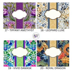 Pu&ograve; includere: Quattro disegni a motivi con forme di etichette vuote. I disegni includono motivi floreali, leopardati e di drago. Il testo recita "17 - TIFFANY AMETHYST", "18 - LEOPARD LUXE", "19 - VIVID DAMASK" e "20 - ROYAL DRAGON".