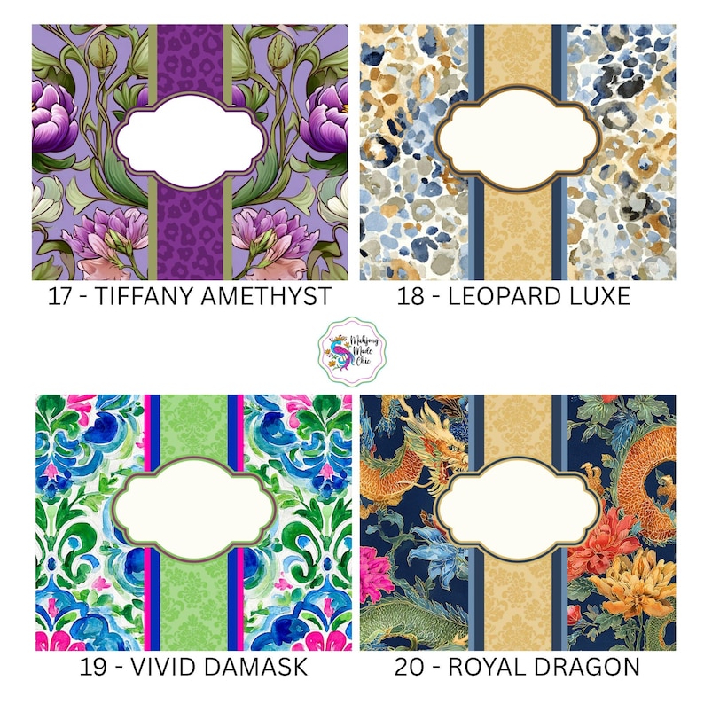 Pu&ograve; includere: Quattro disegni a motivi con forme di etichette vuote. I disegni includono motivi floreali, leopardati e di drago. Il testo recita "17 - TIFFANY AMETHYST", "18 - LEOPARD LUXE", "19 - VIVID DAMASK" e "20 - ROYAL DRAGON".
