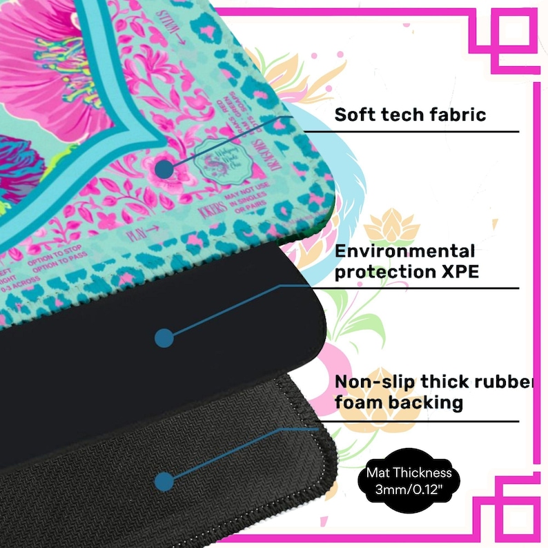 May include: A layered mousepad with a floral design in pink, teal, and white. The top layer is soft tech fabric, followed by environmental protection XPE, and a non-slip thick rubber foam backing. The mat thickness is 0.12 inches.