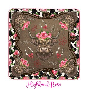 May include: Square decorative item featuring a central image of a Highland cow adorned with a floral crown. The design includes four additional cow faces, pink roses, horseshoes, and a rope border. The words "Highland Rose" are written in pink script.