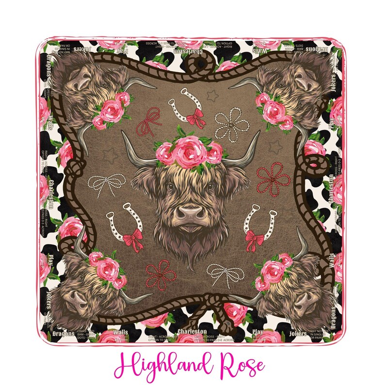 May include: Square decorative item featuring a central image of a Highland cow adorned with a floral crown. The design includes four additional cow faces, pink roses, horseshoes, and a rope border. The words "Highland Rose" are written in pink script.