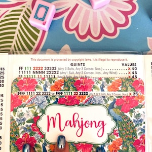 Pu&ograve; includere: Primo piano di un set di gioco del Mahjong. Il set include tessere rosa e una carta con la parola "Mahjong" in corsivo. Lo sfondo presenta un disegno floreale con tonalit&agrave; rosa e blu.