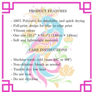 May include: A square textile with a colorful bird design in shades of blue, pink, and yellow. The product features include 100% polyester, full-print design, and is one size (55.1" x 55.1"). Care instructions are also listed.
