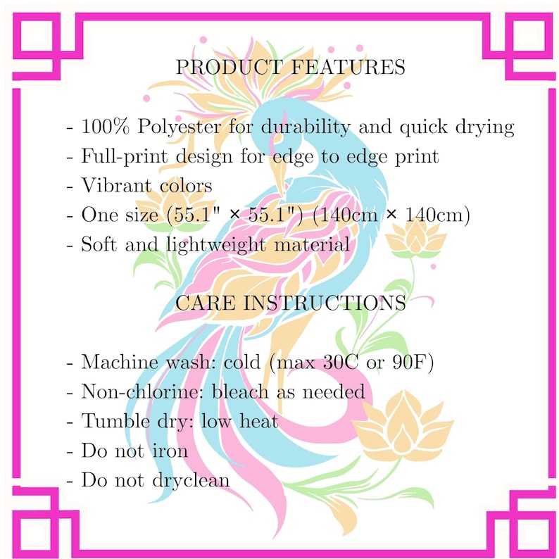 May include: A square textile with a colorful bird design in shades of blue, pink, and yellow. The product features include 100% polyester, full-print design, and is one size (55.1" x 55.1"). Care instructions are also listed.