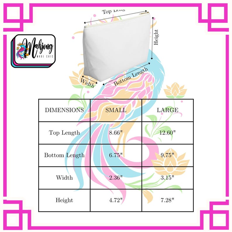 May include: A white cosmetic bag with a zipper closure. The small bag measures 8.66 inches top length, 6.75 inches bottom length, 2.36 inches width, and 4.72 inches height. The large bag measures 12.60 inches top length, 9.75 inches bottom length, 3.15 inches width, and 7.28 inches height.