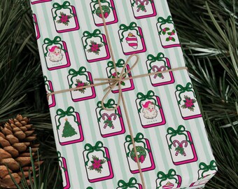 May include: Wrapped gift with festive Christmas-themed wrapping paper. The paper features a repeating pattern of gift boxes with various holiday illustrations, including Santa Claus, candy canes, and Christmas trees. The gift is tied with twine.